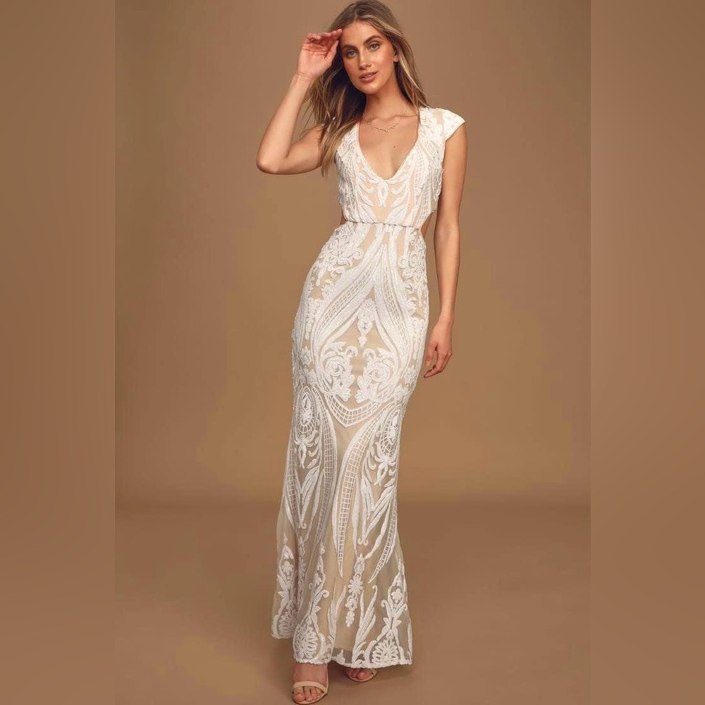 Lulu’s - Size Medium - Always Adored White and Nude Sequin Mermaid Maxi Dress